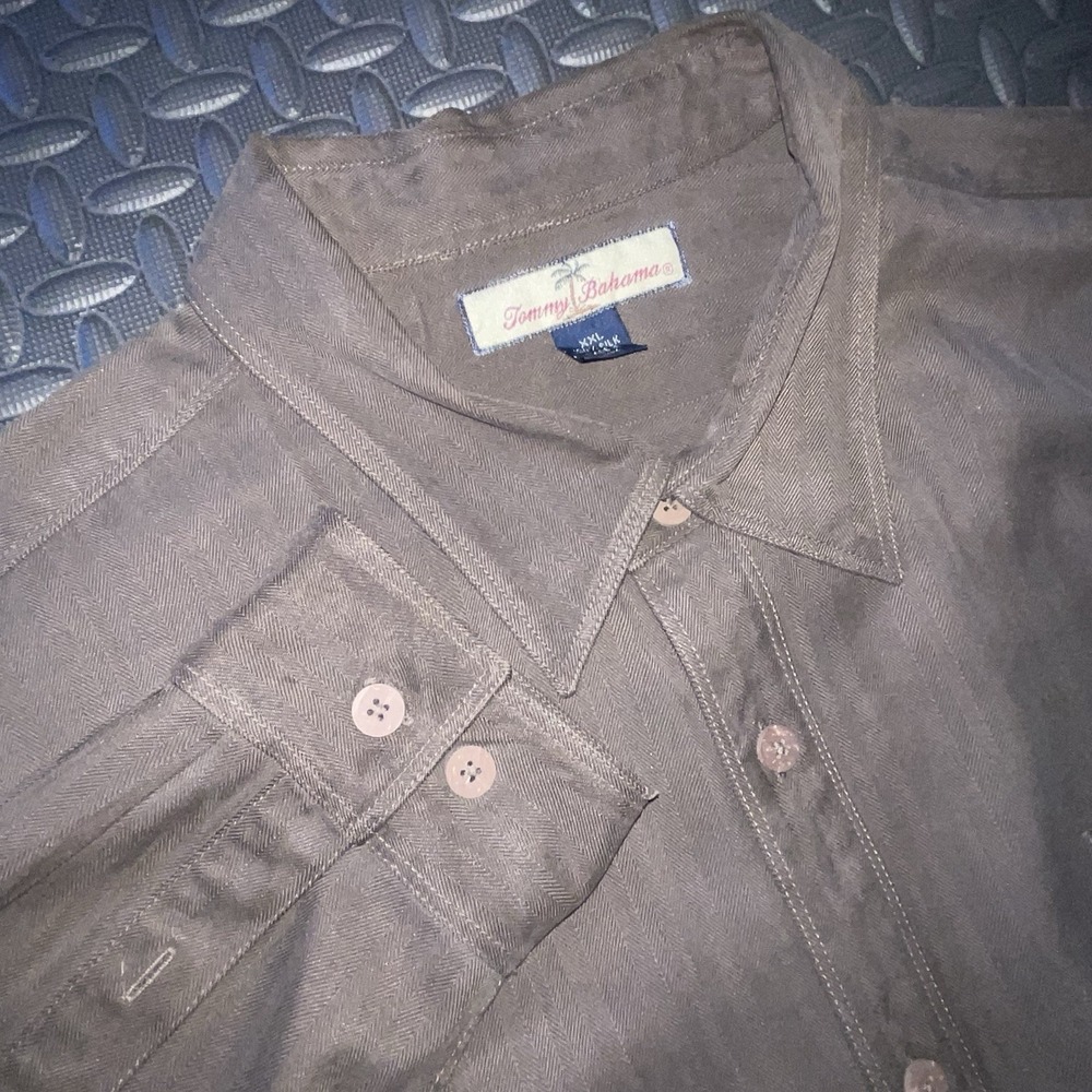 Tommy Bahama Island Soft Brown Long Sleeve 100% Silk‎ VTG Button Down Shirt 2X